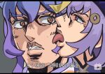  2girls face face_licking ganyu_(genshin_impact) genshin_impact hair_ornament half-closed_eyes highres jojo_no_kimyou_na_bouken licking multiple_girls open_mouth parody purple_hair qiqi sweatdrop taste_of_a_liar text_focus tongue tongue_out translation_request wide-eyed 