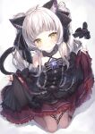  1girl :3 animal_ears blush cat_ears cat_tail detached_sleeves dress frilled_dress frills gothic_lolita hair_ribbon highres hololive lolita_fashion looking_at_viewer murasaki_shion pantyhose ribbon silver_hair simple_background solo tail tail_ornament tail_ribbon topia virtual_youtuber white_background yellow_eyes 
