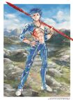  1boy abs blue_hair bodypaint bracelet crescent_necklace cu_chulainn_(fate)_(all) detached_sleeves earrings fate/grand_order fate/stay_night fate_(series) gae_bolg hand_on_hip holding holding_polearm holding_weapon jewelry lancer looking_at_viewer male_focus marker_(medium) mountain muscle navel nib_pen_(medium) one_eye_closed ousaka_tama outdoors pants polearm red_eyes short_hair skin_tight sky smile solo spiky_hair strap traditional_media type-moon weapon 