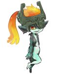  1girl black_skin chamaji commentary_request fang green_skin helmet imp looking_at_viewer midna multicolored multicolored_skin navel one_eye_covered orange_hair pointy_ears red_eyes smile solo the_legend_of_zelda the_legend_of_zelda:_twilight_princess two-tone_skin white_background yellow_sclera 