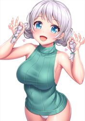  1girl armpits bang_dream! bare_arms bare_shoulders blue_eyes blush bow braid breasts commentary_request dress eyebrows_visible_through_hair fingernails green_bow green_sweater hair_ornament heart holding holding_hair lambda_(kusowarota) large_breasts looking_at_viewer microdress open_mouth panties partial_commentary ribbed_sweater sideboob silver_hair sleeveless_sweater smile standing sweater sweater_dress turtleneck turtleneck_sweater twin_braids underwear wakamiya_eve white_background white_panties 