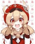  1girl :d ahoge backpack bag bangs blush brown_feathers brown_gloves cabbie_hat commentary_request dress eyebrows_visible_through_hair feathers genshin_impact gloves hair_between_eyes hands_up hat hat_feather k-y klee_(genshin_impact) light_brown_hair long_hair long_sleeves looking_at_viewer low_twintails open_mouth pointy_ears red_dress red_eyes red_headwear simple_background smile solo twintails upper_body upper_teeth white_background 