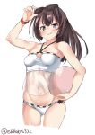  1girl akizuki_(kantai_collection) ass_visible_through_thighs ball beachball bikini black_hair blue_eyes blush breasts closed_mouth collarbone commentary_request duplicate ebifurya eyebrows_visible_through_hair eyewear_on_head groin hair_between_eyes highres kantai_collection long_hair looking_at_viewer navel ponytail small_breasts smile solo sunglasses swimsuit twitter_username white_bikini 