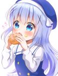  1girl bangs beret blue_eyes blue_hair blue_headwear blue_vest blush bread buttons commentary_request eating eyebrows_visible_through_hair food gochuumon_wa_usagi_desu_ka? hair_between_eyes hair_ornament hat kafuu_chino kafuu_chino&#039;s_school_uniform long_hair long_sleeves mozukun43 open_mouth sailor_collar school_uniform shirt simple_background solo twitter_username upper_body vest white_background white_sailor_collar white_shirt x_hair_ornament 