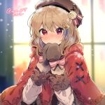  1girl :/ blush bow braid brown_hair brown_headwear brown_mittens cape closed_mouth hands_up hat hood hooded_cape ikeuchi_tanuma long_sleeves looking_at_viewer mittens original pink_bow red_cape red_eyes solo twitter_username upper_body 