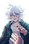  1boy 1other :d backlighting bangs collarbone criis-chan dangan_ronpa grey_eyes hair_between_eyes hand_up hood hooded_jacket jacket komaeda_nagito long_sleeves looking_at_viewer male_focus messy_hair nail_polish open_clothes open_jacket open_mouth pov pov_hands print_shirt red_nails shirt simple_background smile solo_focus super_dangan_ronpa_2 upper_body upper_teeth white_background white_hair white_shirt 