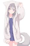  1girl absurdres animal_hood flat_chest fox_girl fox_tail highres hood hood_up hoodie long_hair long_sleeves looking_at_viewer mikisai no_pants open_clothes open_hoodie original shirt silver_hair tail violet_eyes 
