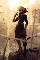  1boy alternate_costume artist_name baggy_pants bakugou_katsuki belt black_footwear black_gloves black_pants blonde_hair blurry_foreground boku_no_hero_academia boots city debris explosive eye_mask fence from_side full_body gloves grenade hair_ornament hand_up looking_at_viewer male_focus outdoors pants red_eyes red_footwear ryo_(piggerworld) short_hair solo spiky_hair standing 