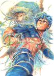  2boys abs blue_hair bodypaint bracelet capelet crescent_necklace cu_chulainn_(fate)_(all) cu_chulainn_(fate/grand_order) detached_sleeves earrings facepaint fate/grand_order fate_(series) fur-trimmed_hood fur_trim hood hood_up hooded_capelet jewelry lancer leaf long_hair male_focus marker_(medium) multiple_boys multiple_persona muscle ousaka_tama pants red_eyes short_hair slit_pupils spiky_hair strap traditional_media type-moon 