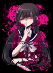  1girl bangs black_background brown_hair collarbone criis-chan cropped_torso dangan_ronpa english_text floral_print flower hair_ornament hair_scrunchie hairclip hand_up harukawa_maki holding holding_knife index_finger_raised knife long_arms long_hair looking_at_viewer mole mole_under_eye new_dangan_ronpa_v3 one_eye_closed pink_background pink_blood red_eyes red_shirt sailor_collar school_uniform scrunchie shirt solo spider_lily symbol_commentary tumblr_username upper_body watermark web_address 