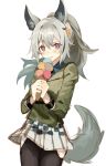  1girl :p animal_ears arknights bangs black_legwear blush closed_mouth commentary_request cowboy_shot en_(shisui_no_utage) eyebrows_visible_through_hair food grani_(arknights) grani_(miraculous_moment)_(arknights) green_jacket hair_ornament hairclip hip_vent holding holding_food horse_ears horse_girl horse_tail ice_cream jacket long_hair long_sleeves looking_at_viewer miniskirt pantyhose silver_hair skirt smile solo sweatband tail tongue tongue_out violet_eyes white_skirt 
