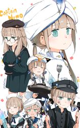  6+girls :d apron aqua_eyes badge bangs bare_legs beret black_apron black_headwear black_ribbon black_sailor_collar black_shirt blonde_hair blue_eyes blue_hair blush bow braid brown_hair button_badge captain_nemo_(fate/grand_order) character_name closed_eyes closed_mouth collared_shirt dirty dirty_face dress_shirt eyebrows_visible_through_hair facing_viewer fate/grand_order fate_(series) fried_egg from_side frown frying_pan glasses gomennasai gradient_hair grin hair_ribbon hammer hat hat_feather highres holding light_frown long_hair long_sleeves low_twintails mechanic mole mole_under_eye multicolored_hair multiple_girls multiple_persona nurse_cap open_mouth overalls oversized_object ribbon round_eyewear sailor_collar shirt short_hair short_twintails sidelocks simple_background single_braid sleeves_past_fingers sleeves_past_wrists sleeves_rolled_up smile solo spatula standing striped striped_shirt syringe teeth tied_hair torpedo turban twintails upper_body v-shaped_eyebrows very_long_sleeves white_background white_bow white_headwear white_shirt wrench 