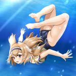  air_bubble ass brown_eyes bubble diving eyebrows_visible_through_hair freediving green_jacket hair_ribbon hairband i-26_(kantai_collection) jacket kantai_collection light_brown_eyes light_brown_hair long_hair looking_at_viewer new_school_swimsuit ocean one-piece_swimsuit open_mouth ribbon sailor_collar school_swimsuit short_sleeves submerged swimming swimsuit swimsuit_under_clothes thighs tk8d32 two-tone_hairband two_side_up underwater 