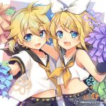  1boy 1girl arm_around_shoulder arm_warmers bangs bare_shoulders black_collar black_shorts blonde_hair blue_eyes bow brother_and_sister collar commentary crop_top date_pun dated good_twins_day hair_bow hair_ornament hairclip holding holding_pom_poms kagamine_len kagamine_rin leeannpippisum looking_at_viewer midriff navel neckerchief necktie number_pun open_mouth pom_poms sailor_collar school_uniform shirt short_hair short_ponytail short_sleeves shorts siblings side-by-side sleeveless sleeveless_shirt smile spiky_hair swept_bangs twins twitter_username upper_body vocaloid white_bow white_shirt yellow_neckwear 