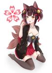  1girl absurdres akagi-chan_(azur_lane) animal_ears azur_lane bell black_kimono black_legwear blush boppin breasts brown_hair candy eating floral_print food fox_ears fox_girl full_body hair_bell hair_between_eyes hair_ornament hakama_skirt hand_on_own_thigh hand_up highres holding holding_candy holding_food holding_lollipop japanese_clothes kimono kitsune legs lollipop looking_at_viewer multiple_tails pleated_skirt red_eyes red_skirt short_hair skirt small_breasts solo tail thigh-highs thighs tongue tongue_out twintails 