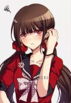  1girl adjusting_hair bangs black_hair blunt_bangs blush bow brown_hair collarbone crescent crescent_earrings criis-chan dangan_ronpa earrings grey_background hair_ornament hair_scrunchie hand_in_hair harukawa_maki jewelry long_hair looking_at_viewer low_twintails mole mole_under_eye new_dangan_ronpa_v3 pink_bow planet_earrings pleated_skirt red_eyes red_scrunchie red_shirt sailor_collar school_uniform scrunchie serafuku shiny shiny_hair shirt simple_background skirt sleeves_pushed_up solo star_(symbol) star_print symbol_commentary twintails upper_body very_long_hair watermark web_address 
