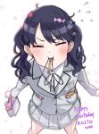  artist_request birthday black_hair black_neckwear black_ribbon blazer blush candy closed_eyes facing_viewer flower flying_sweatdrops food food_in_mouth fukumaru_koito grey_jacket grey_skirt hair_flower hair_ornament idolmaster idolmaster_shiny_colors incoming_pocky_kiss jacket long_hair miniskirt neck_ribbon plaid plaid_skirt pleated_skirt pocky pocky_day ribbon school_uniform shirt skirt twintails white_background white_shirt 