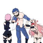  1boy 2girls armor armored_leotard black_armor black_footwear black_gloves blue_hair boots bracelet chest_tattoo cowboy_shot crescent_necklace cu_chulainn_(fate)_(all) elbow_gloves fate/grand_order fate_(series) frills gloves holding jewelry lancer long_hair mash_kyrielight medb_(fate)_(all) medb_(fate/grand_order) multiple_girls pink_hair purple_hair red_eyes short_hair simple_background single_bare_shoulder skirt spr tattoo thigh-highs thigh_boots trembling white_background white_gloves white_skirt 