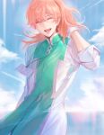  1boy ^_^ ahoge bangs chaldea_uniform closed_eyes clouds cloudy_sky collar facing_viewer fate/grand_order fate_(series) gloves green_eyes hair_between_eyes highres labcoat long_hair long_sleeves male_focus orange_hair ponytail romani_archaman sky sleeves_rolled_up smile solo tki_716 upper_body white_gloves 