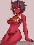  1girl arm_support black_hair bra breasts brown_hair closed_mouth eyebrows_visible_through_hair fingernails grey_background horns kidouko_(zakusi) large_breasts looking_at_viewer navel oni oni_horns orange_bra orange_eyes orange_panties original panties red_oni red_skin revision short_hair signature simple_background sitting smile solo sports_bra toned under_boob underwear zakusi 