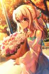  1girl bangs bare_shoulders blonde_hair bouquet closed_mouth collarbone commentary_request detached_sleeves dress earrings eyebrows_behind_hair fate/kaleid_liner_prisma_illya fate_(series) fence flower glasses hair_between_eyes highres holding holding_bouquet illyasviel_von_einzbern jewelry long_hair long_sleeves looking_at_viewer outdoors over-rim_eyewear pendant pink_flower pink_rose red-framed_eyewear red_eyes rose sasatabekung see-through see-through_sleeves semi-rimless_eyewear sleeveless sleeveless_dress sleeves_past_wrists smile solo sunset tree white_dress white_flower white_rose white_sleeves wide_sleeves 