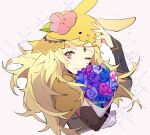  1girl animal_ears blonde_hair circlet closed_mouth elley226 fire_emblem fire_emblem_fates fire_emblem_heroes flower grey_eyes hair_flower hair_ornament hand_on_own_head highres in long_hair looking_at_viewer ophelia_(fire_emblem) rabbit_ears simple_background smile sparkle upper_body 