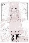  1girl animal_ears braid bug butterfly cat_ears cat_girl cat_tail dress eyebrows_visible_through_hair grass highres insect leoharju long_sleeves monochrome original outdoors solo tail 