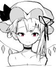 1girl bare_shoulders black_choker choker commentary_request cropped_torso earrings flandre_scarlet hat hat_ribbon highres jewelry looking_at_viewer mob_cap monochrome portrait red_eyes ribbon short_hair side_ponytail simple_background smile solo spot_color touhou uumi_hinata white_background white_headwear wings 