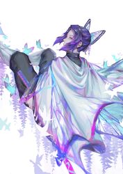  1girl absurdres artist_name black_hair bug butterfly butterfly_hair_ornament cape floating_hair gradient_hair hair_ornament highres insect kasper kimetsu_no_yaiba kochou_shinobu looking_at_viewer looking_back multicolored_hair purple_hair realistic sidelocks sitting solo tied_hair violet_eyes 