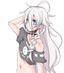  1girl bare_shoulders black_shirt blue_eyes breasts cevio commentary crop_top grey_hair hair_between_eyes hand_in_hair hand_up ia_(vocaloid) long_hair looking_at_viewer midriff miri_(miri_1m) navel off-shoulder_shirt off_shoulder shirt solo under_boob upper_body very_long_hair vocaloid white_background 