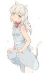  1girl animal_ears blue_dress cat_ears cat_girl cat_tail dress grey_hair leoharju looking_at_viewer neck_bell original signature simple_background sleeveless sleeveless_dress solo tail thigh-highs white_background 