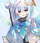  1girl :d amane_kanata bangs blue_background blue_bow blue_hair bow commentary_request cyawa eyebrows_visible_through_hair feathered_wings hair_between_eyes hand_up high_collar highres hololive jacket long_sleeves looking_at_viewer multicolored_hair open_mouth silver_hair sleeves_past_fingers sleeves_past_wrists smile solo sparkle two-tone_hair upper_body violet_eyes virtual_youtuber w white_jacket white_wings wings 