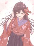  1girl blush bow brown_hair cherry_blossom_print cherry_blossoms closed_eyes earrings facing_viewer floral_print hair_bow highres ichinose_shiki idolmaster idolmaster_cinderella_girls japanese_clothes jewelry kimono komoro7857 long_hair parted_lips petals print_kimono red_kimono solo upper_body wavy_hair 