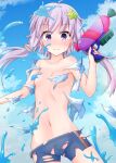  1girl aatsu blush breasts collarbone cowboy_shot day exploding_clothes hair_ornament hair_tubes hand_up holding holding_water_gun midriff navel outdoors purple_hair short_hair_with_long_locks shorts sidelocks small_breasts solo surprised torn_clothes violet_eyes vocaloid voiceroid wardrobe_malfunction water water_gun wide-eyed yuzuki_yukari 