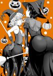  1boy 2girls alternate_costume armpits ass back bare_shoulders black_dress black_hair black_legwear breasts commentary_request curly_hair dress fubuki_(one-punch_man) gloves halloween halloween_costume happy_halloween hat highres jack-o&#039;-lantern kawa long_sleeves looking_at_viewer looking_back multiple_girls one-punch_man orange_background saitama_(one-punch_man) short_hair siblings small_breasts tatsumaki witch witch_hat 