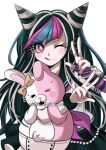  1girl bangs black_hair black_nails black_skirt blue_hair blush commentary criis-chan dangan_ronpa diaper double_w ear_piercing ear_ribbon fingerless_gloves gloves holding jewelry lip_piercing long_hair looking_at_viewer mioda_ibuki monomi_(dangan_ronpa) multicolored_hair neckerchief one_eye_closed piercing pink_eyes pink_hair pleated_skirt ring sailor_collar school_uniform scrunchie serafuku shirt short_sleeves skirt smile striped striped_gloves stuffed_animal stuffed_toy super_dangan_ronpa_2 sweatdrop symbol-shaped_pupils tongue tongue_out w white_hair white_shirt wrist_scrunchie 