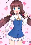  1girl :d absurdres ahoge amae bangs blue_dress blue_eyes blush brown_hair child dress eyebrows_visible_through_hair highres hinatsuru_ai long_hair long_sleeves looking_at_viewer low_twintails open_mouth puffy_sleeves ryuuou_no_oshigoto! school_uniform short_sleeves smile solo twintails very_long_hair white_background 