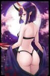  1girl ass back bangs bare_shoulders bob_cut breasts cherry_blossoms dootmoon eyeliner fate/grand_order fate_(series) full_moon headpiece highres horns japanese_clothes kimono long_sleeves looking_at_viewer looking_back makeup moon night night_sky off_shoulder oni oni_horns parted_lips pointy_ears purple_hair purple_kimono revealing_clothes short_hair shuten_douji_(fate/grand_order) skin-covered_horns sky small_breasts tree violet_eyes wide_sleeves 
