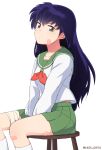  1girl bandaged_leg bandages bandaid bandaid_on_cheek bandaid_on_knee bandaid_on_leg brown_eyes clip_studio_paint_(medium) closed_mouth feet_out_of_frame green_sailor_collar green_skirt highres higurashi_kagome inuyasha long_hair looking_at_viewer miniskirt neckerchief purple_hair red_neckwear sailor_collar school_uniform serafuku shirt simple_background sitting skirt socks solo stool texus twitter_username white_background white_legwear white_shirt 