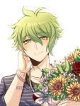  1boy amami_rantarou antenna_hair bangs bouquet bracelet closed_mouth collarbone commentary_request criis-chan dangan_ronpa ear_piercing earrings flower green_eyes green_hair holding holding_bouquet holding_flower jewelry looking_at_viewer male_focus messy_hair necklace new_dangan_ronpa_v3 piercing portrait red_flower shirt short_hair simple_background sleeves_past_elbows smile solo striped striped_shirt sunflower upper_body white_background white_flower 