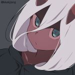  1girl :/ blue_eyes bright_pupils cloak closed_mouth commentary darling_in_the_franxx grey_background hair_between_eyes horns long_hair looking_at_viewer pink_pupils portrait red_skin ringed_eyes simple_background solo texus twitter_username white_hair zero_two_(darling_in_the_franxx) 