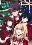  2boys 2girls ahoge akamatsu_kaede alternate_hair_ornament bangs black_hair blonde_hair blush bow brown_eyes brown_hair christmas_tree collarbone commentary criis-chan dangan_ronpa facial_hair fur_trim goatee green_bow green_ribbon grin hair_between_eyes hair_ornament hairclip hand_on_another&#039;s_head harukawa_maki jacket long_hair long_sleeves looking_at_another looking_at_viewer merry_christmas momota_kaito multicolored multicolored_bow multicolored_ribbon multiple_boys multiple_girls new_dangan_ronpa_v3 open_clothes open_jacket open_mouth pout red_eyes red_jacket red_ribbon red_shirt red_sweater ribbon saihara_shuuichi santa_costume shirt short_hair smile snowing sweater upper_teeth v w watermark web_address window 