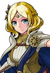  1girl badge blonde_hair blue_eyes braid breasts cape circlet closed_mouth fire_emblem fire_emblem_warriors lianna_(fire_emblem) looking_at_viewer medium_breasts nintendo sash smile solo tenchan_man upper_body white_background 