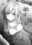  1girl alternate_costume blush breasts collarbone double_bun fletcher_(kantai_collection) flower greyscale hair_ornament highres ittokyu kantai_collection large_breasts light_blush long_hair monochrome one-piece_swimsuit onsen open_mouth ribbon smile star_(symbol) star_hair_ornament stomach swimsuit watermark 