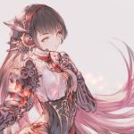  1girl android armor bangs black_hair breasts closed_mouth dress eyebrows_visible_through_hair gears gem hair_ornament highres joints long_hair looking_at_viewer mono_garnet_rebel n.a. red_eyes robot_joints shadowverse solo 