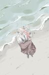  1girl absurdres beach bouquet brown_footwear brown_skirt buttoniris commentary curled_up english_commentary fetal_position flower hair_bun highres long_skirt original pale_skin sand shirt shoes skirt solo two_(buttoniris) water white_hair white_shirt white_skin 