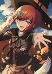  1girl bangs bird black_cape black_jacket brown_cape brown_eyes cape commentary_request criis-chan dangan_ronpa dove flower gem hair_ornament hairclip hand_up hat index_finger_raised jacket long_sleeves looking_at_viewer new_dangan_ronpa_v3 open_mouth outstretched_arm petals pleated_skirt red_flower redhead ribbon school_uniform shirt short_hair skirt smile solo witch_hat yumeno_himiko 