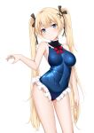  1girl absurdres azur_lane bangs black_ribbon blonde_hair blue_eyes blue_swimsuit blush bottle bow breasts cat_(yidsv) covered_navel eyebrows_visible_through_hair frilled_swimsuit frills hair_ornament hair_ribbon highres holding holding_bottle large_breasts long_hair looking_at_viewer marie_rose one-piece_swimsuit red_bow ribbon simple_background smile solo standing swimsuit twintails very_long_hair water_bottle white_background x_hair_ornament 