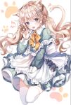  1girl :d animal_ear_fluff animal_ears apron bangs blue_nails blush bow cat_ears cat_girl cat_tail claw_pose collared_dress commentary_request dress eyebrows_visible_through_hair fang fish_hair_ornament frilled_apron frills full_body green_dress grey_eyes hair_between_eyes hair_ornament hand_up highres light_brown_hair long_hair long_sleeves looking_at_viewer m1yu maid nail_polish open_mouth orange_bow original smile solo tail tail_raised thigh-highs twintails very_long_hair white_apron white_background white_legwear 