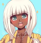  1girl :d bangs blue_background blunt_bangs collarbone commentary criis-chan dangan_ronpa dark_skin eyebrows_visible_through_hair green_eyes hair_ornament hair_over_shoulder hands_up jacket jewelry long_hair looking_at_viewer low_twintails lowres necklace new_dangan_ronpa_v3 open_mouth portrait shell_necklace silver_hair smile solo sparkle twintails upper_teeth yellow_jacket yonaga_angie 